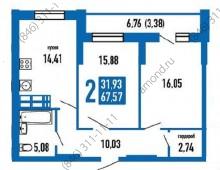 Планировка двухкомнатной квартиры площадью 54,08 м2 в жилом районе «Волгарь» в Самаре